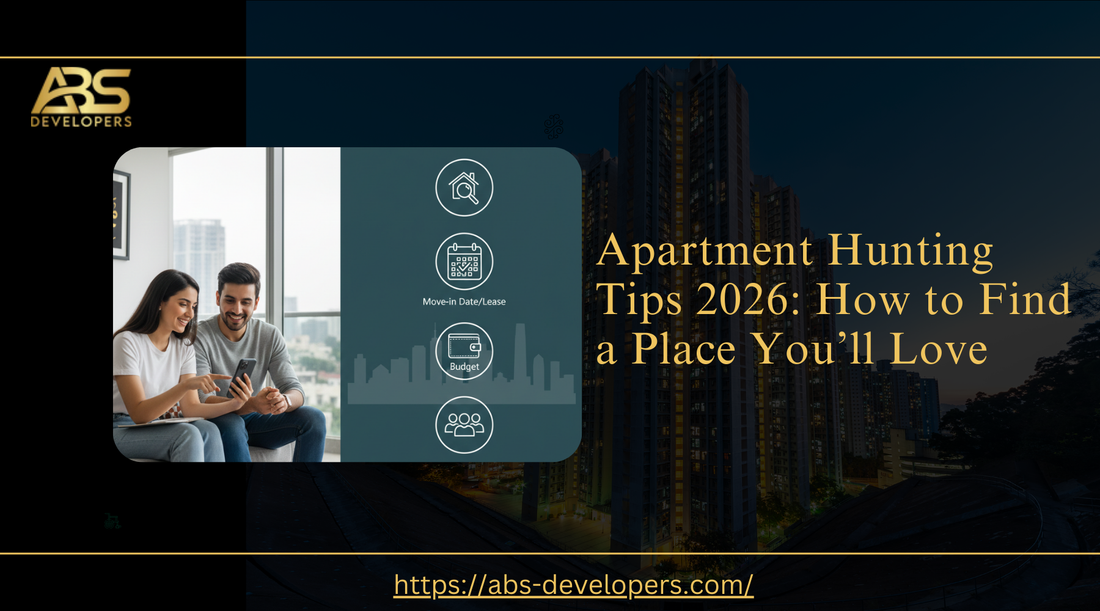 Infographic: couple, city, and icons for hunting 2026 apartments.