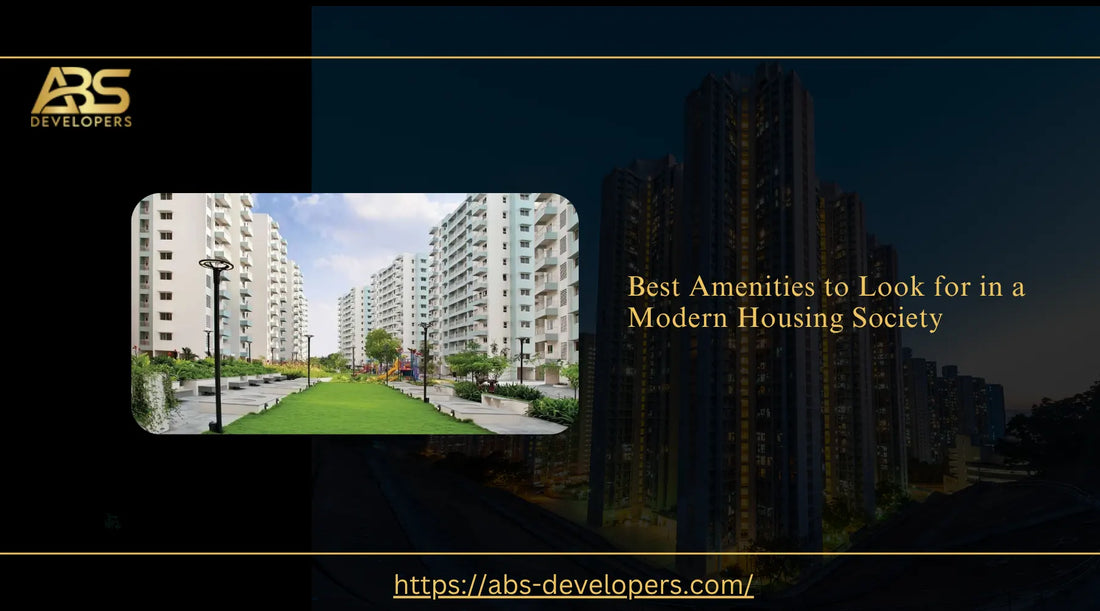 Modern residential housing society featuring multi-story apartment buildings, landscaped green parks, outdoor seating, and paved walking tracks.