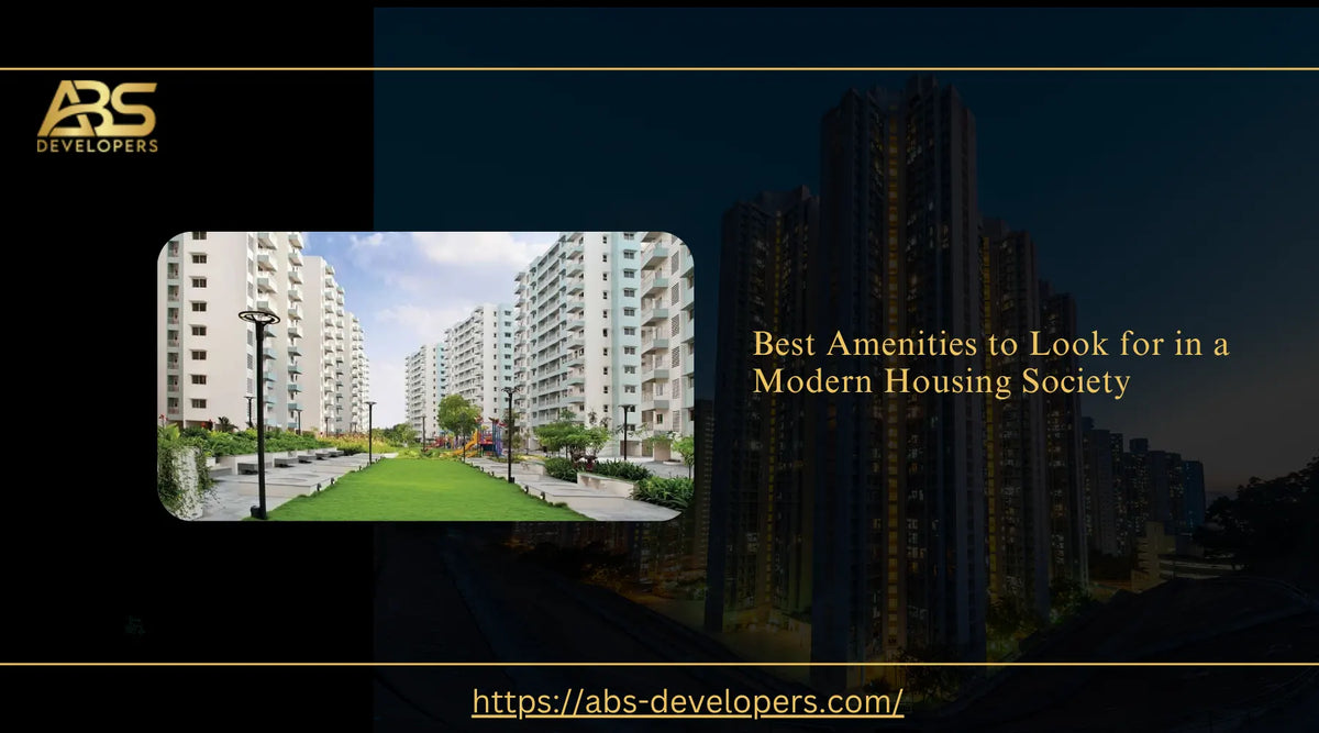 Modern residential housing society featuring multi-story apartment buildings, landscaped green parks, outdoor seating, and paved walking tracks.