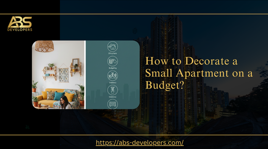 Infographic titled How to Decorate a Small Apartment on a Budget. It shows a cozy living room with a yellow sofa and plants, a vertical icon list for DIY, Budgeting, and Greenery, and a city skyline background.