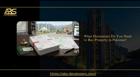 Pakistani CNIC, passport, sale deed registry documents, and site layout plans arranged on a desk for real estate verification.