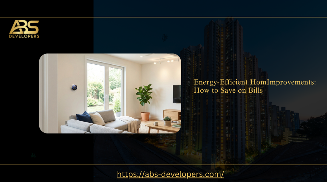 An interior room and high-rise building with the text "Energy-Efficient Home Improvements".