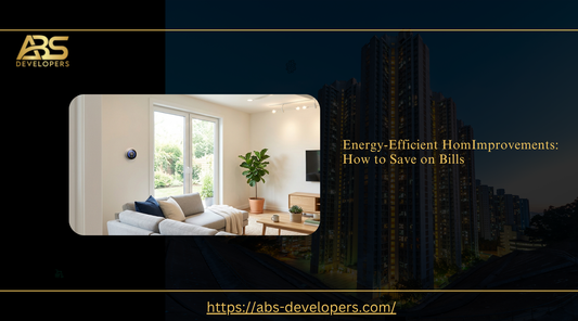 An interior room and high-rise building with the text "Energy-Efficient Home Improvements".