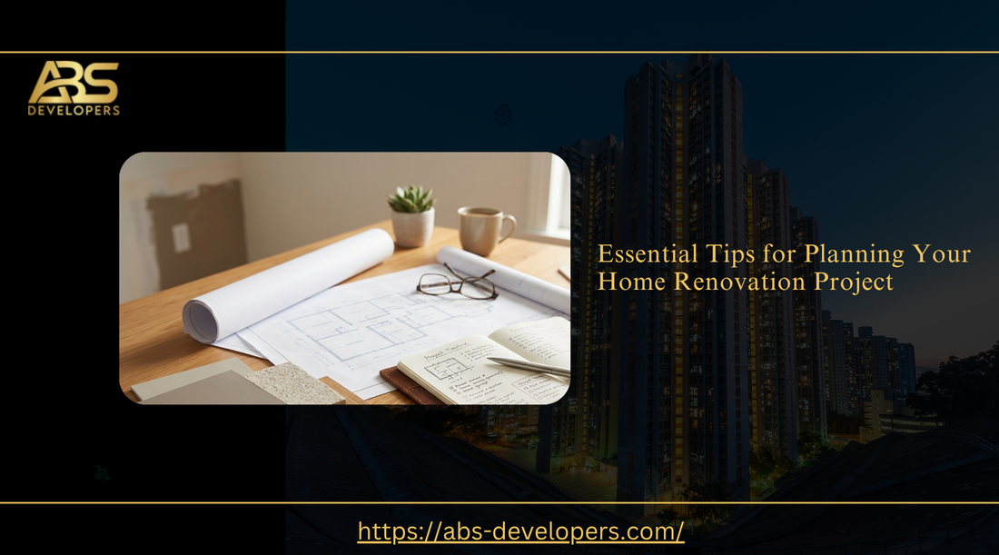 Home renovation blueprints with text "Essential Tips for Planning Your Home Renovation Project"