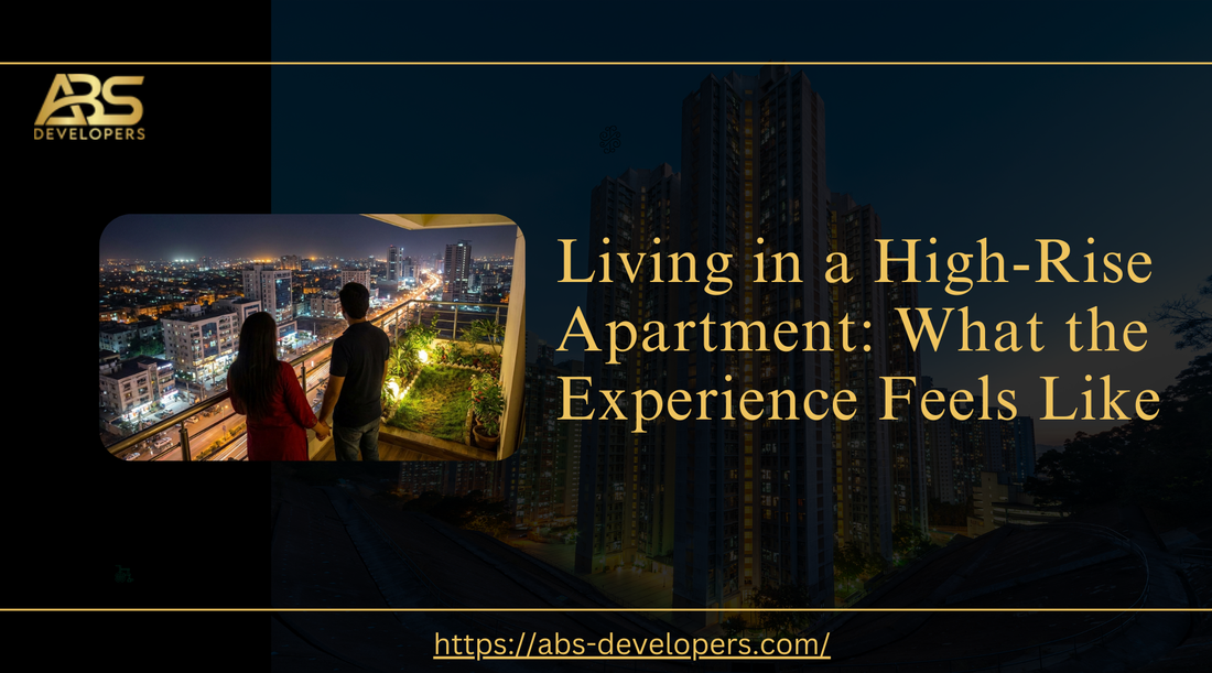 A couple holds hands on a balcony, overlooking a brightly lit city at night.