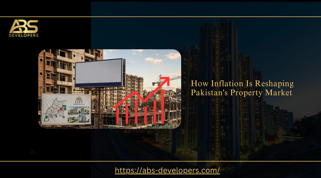 Red rising inflation trend graph over an active building construction site showing property market impact.