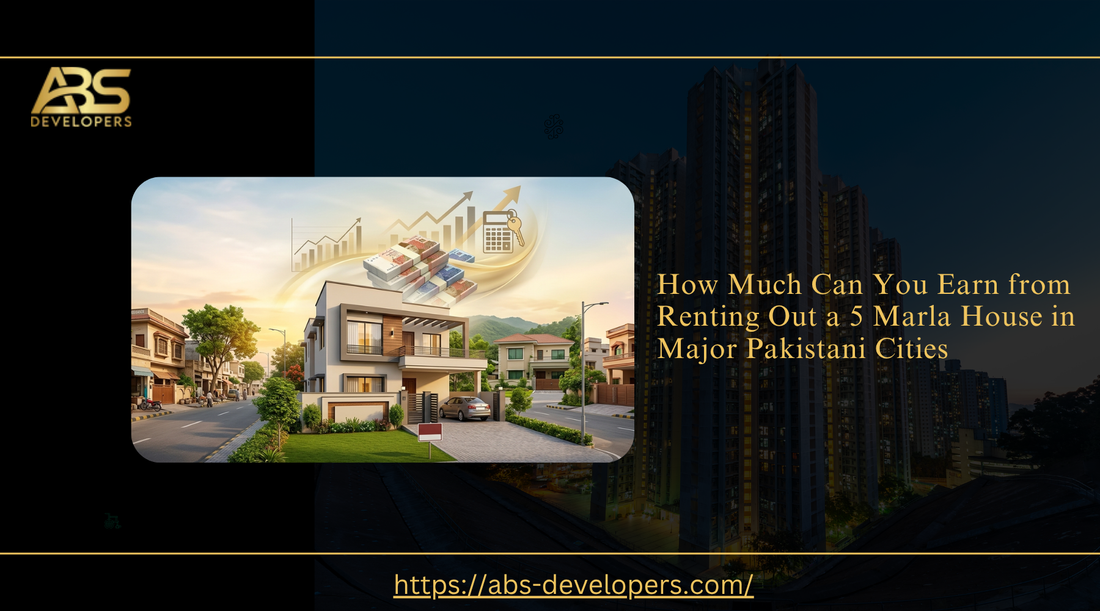 Promotional graphic for ABS Developers showing a modern 5 marla house with cash and growth charts, discussing rental income in Pakistani cities.
