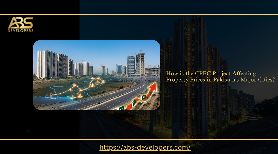 Infographic showing high-rise buildings and a CPEC route map overlaying Pakistan, highlighting the project's influence on urban real estate.