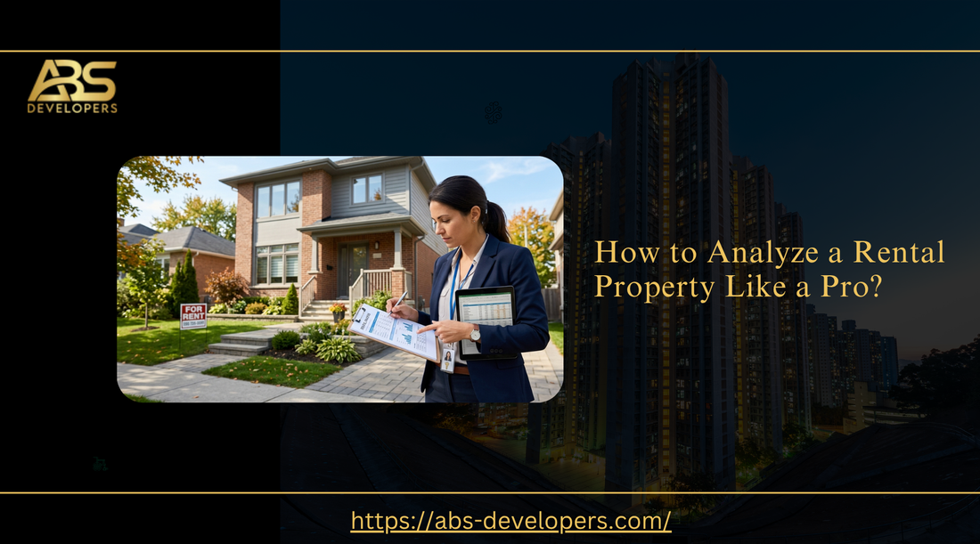 How to Analyze a Rental Property Like a Pro?" banner by ABS Developers, with a realtor.