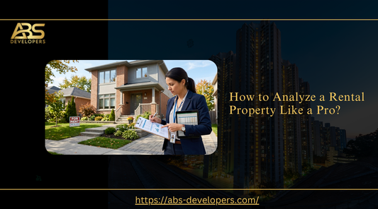 How to Analyze a Rental Property Like a Pro?" banner by ABS Developers, with a realtor.