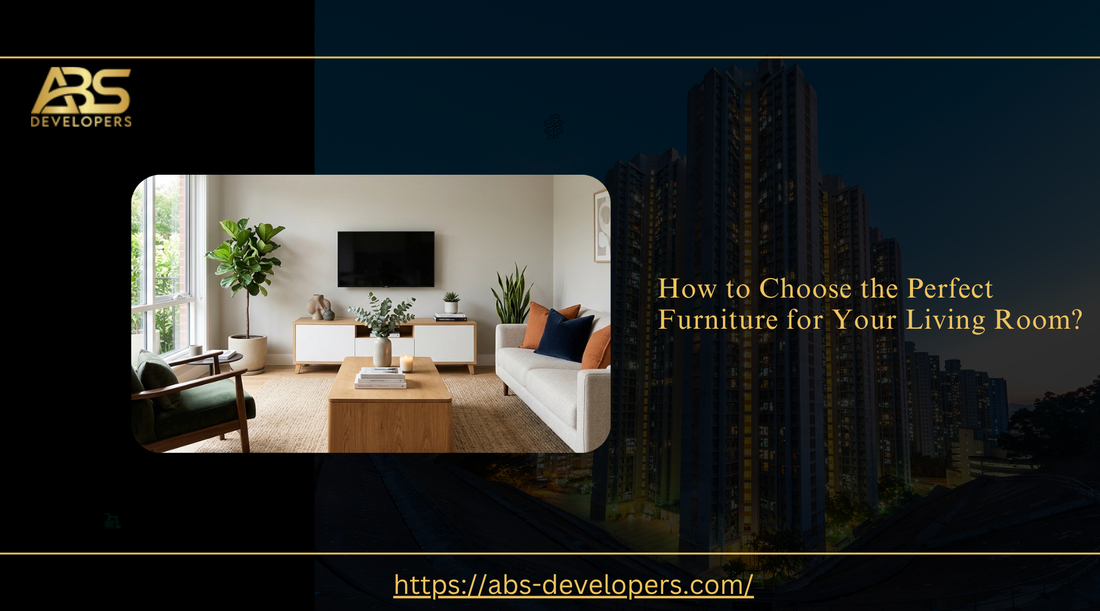 Modern living room layout with text "How to Choose the Perfect Furniture for Your Living Room?"