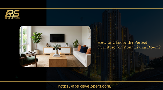 Modern living room layout with text "How to Choose the Perfect Furniture for Your Living Room?"