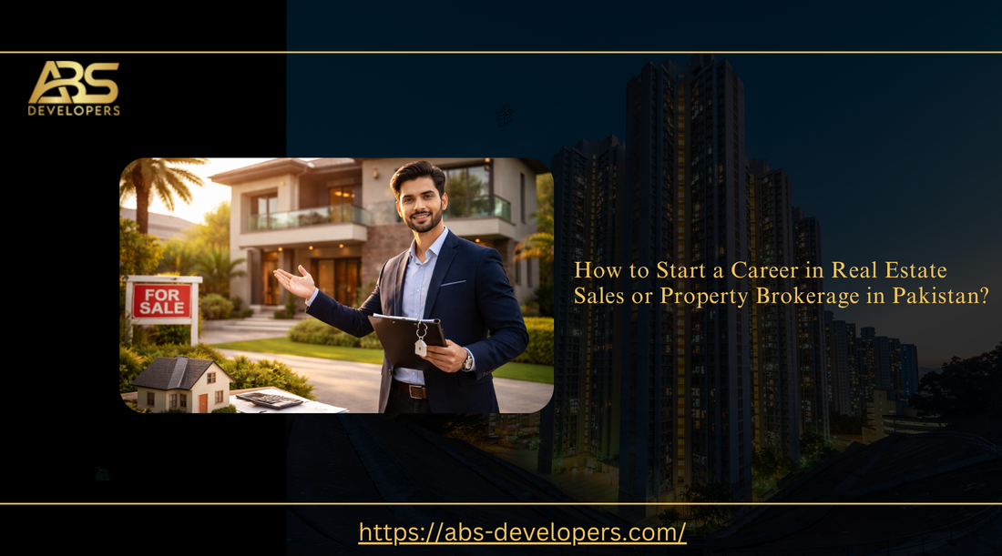 Real estate agent in Pakistan holding keys in front of a luxury home, career guide banner for property brokerage.