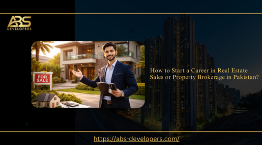 Real estate agent in Pakistan holding keys in front of a luxury home, career guide banner for property brokerage.