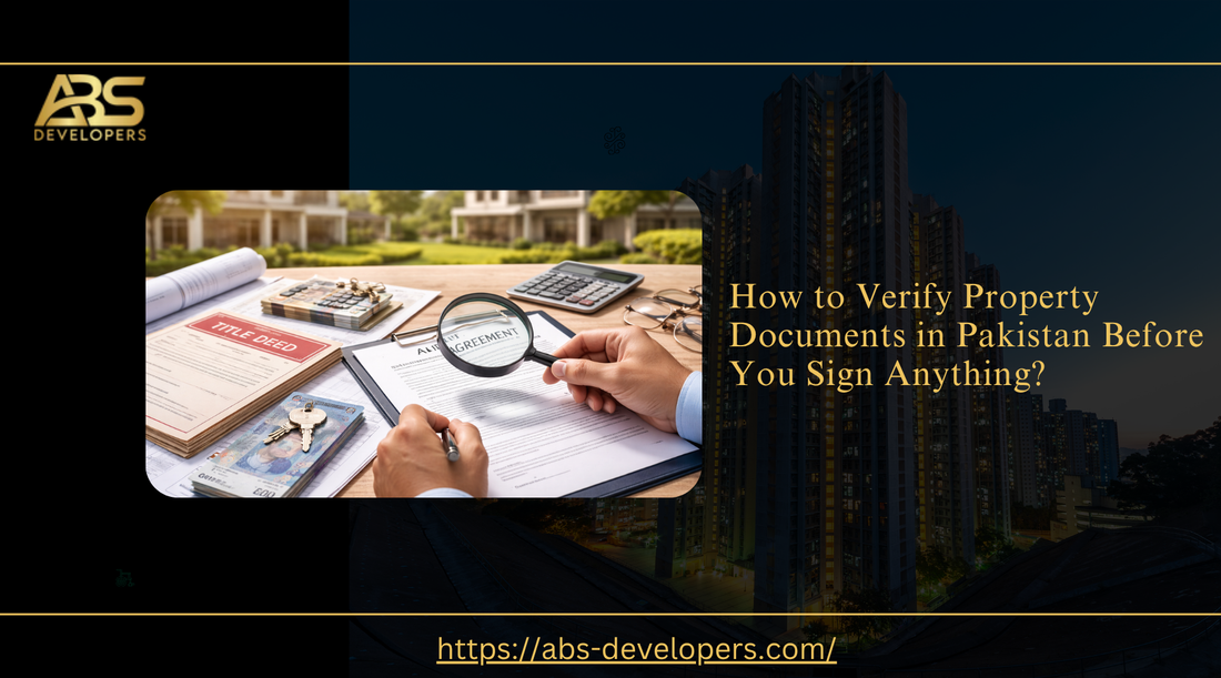 ABS Developers banner showing a person reviewing property documents with a magnifying glass, highlighting the importance of verifying legal paperwork before signing in Pakistan.
