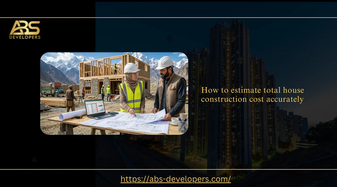 House construction cost estimation guide showing engineers reviewing building plans and calculating total construction expenses