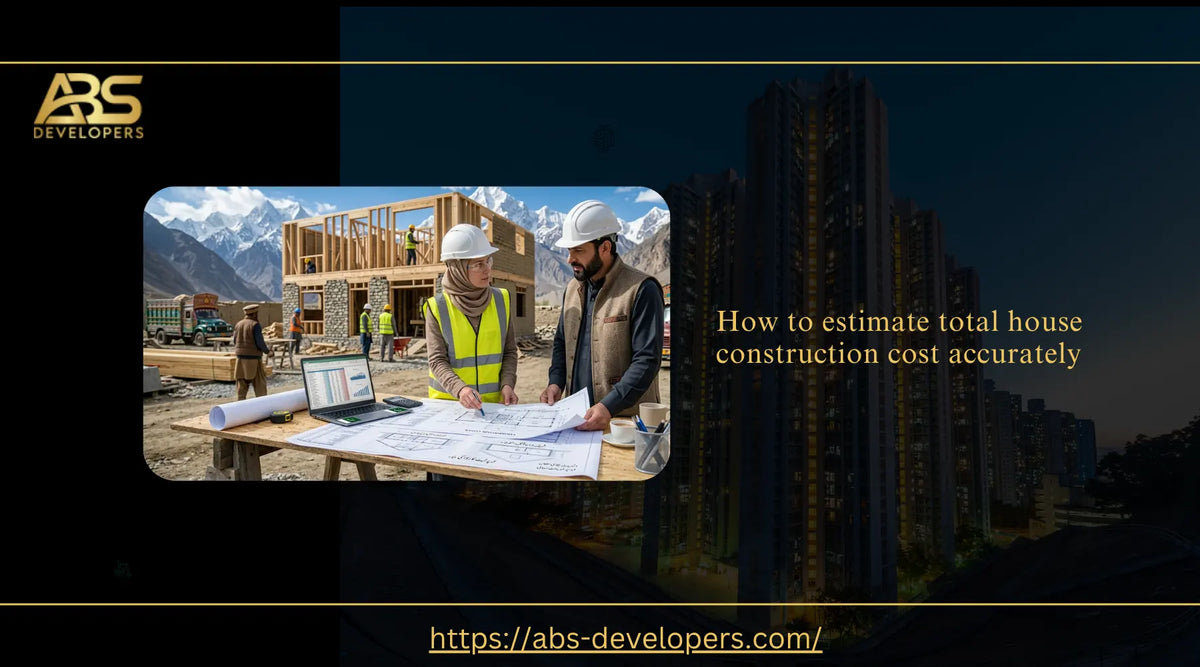 House construction cost estimation guide showing engineers reviewing building plans and calculating total construction expenses