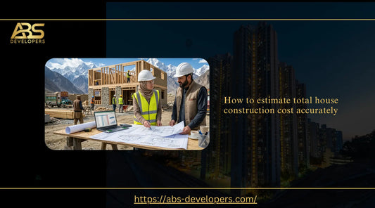 House construction cost estimation guide showing engineers reviewing building plans and calculating total construction expenses