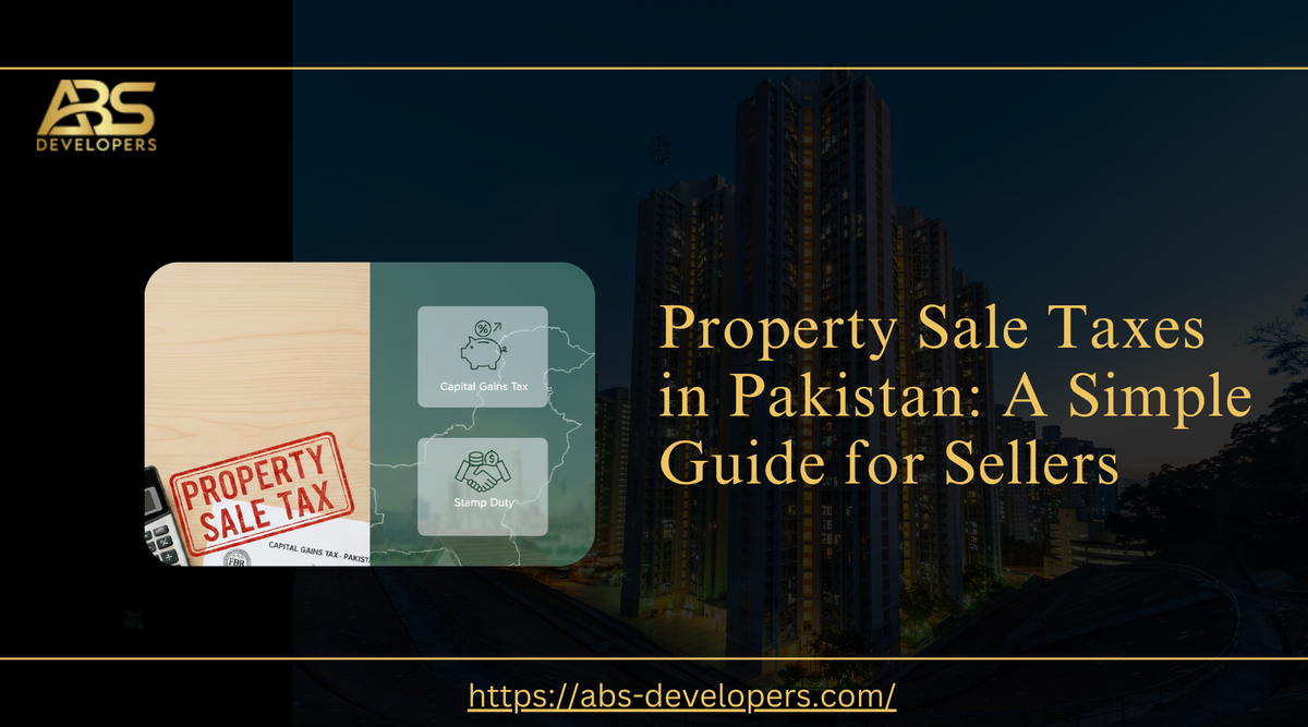 Graphic showing property sale tax documents with icons for capital gains tax, stamp duty, and withholding tax.