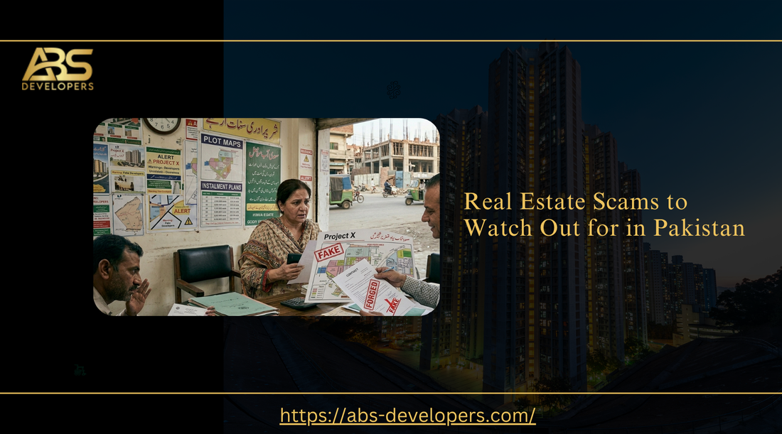 Real Estate Scams to Watch Out for in Pakistan - ABS Developers branded infographic.