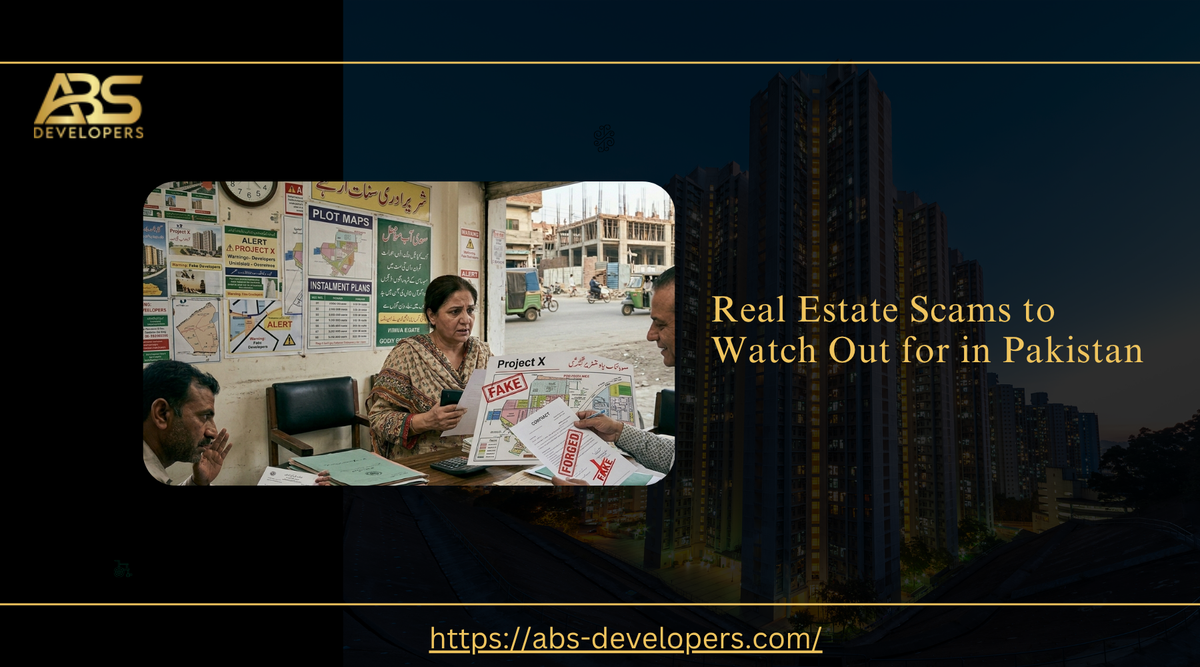 Real Estate Scams to Watch Out for in Pakistan - ABS Developers branded infographic.