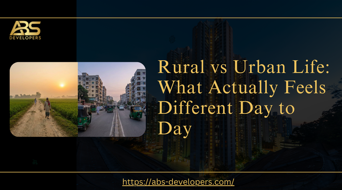 Rural farmland contrasted with a busy urban street and high-rise buildings.