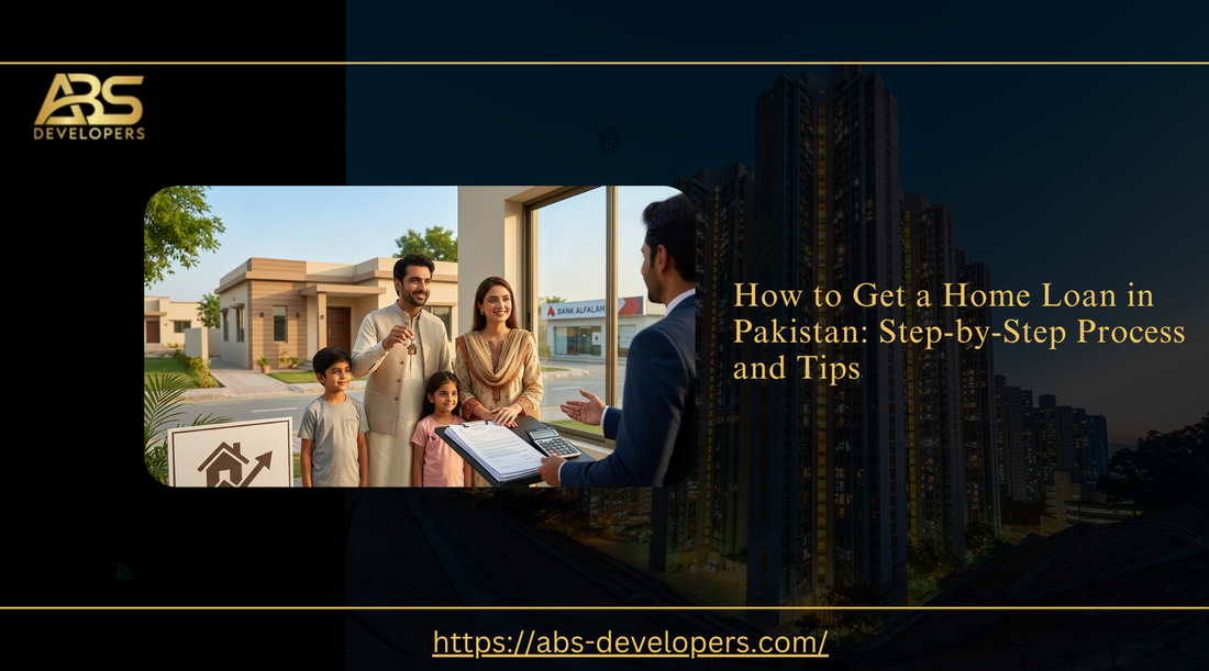 A happy Pakistani family receiving a home loan approval document from a bank representative in front of a modern house.
