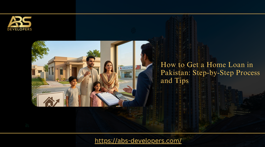 A happy Pakistani family receiving a home loan approval document from a bank representative in front of a modern house.