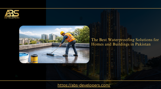 Promotional banner showing ABS Developers providing professional waterproofing solutions for residential and commercial buildings in Pakistan, featuring a worker applying waterproof coating on a rooftop.