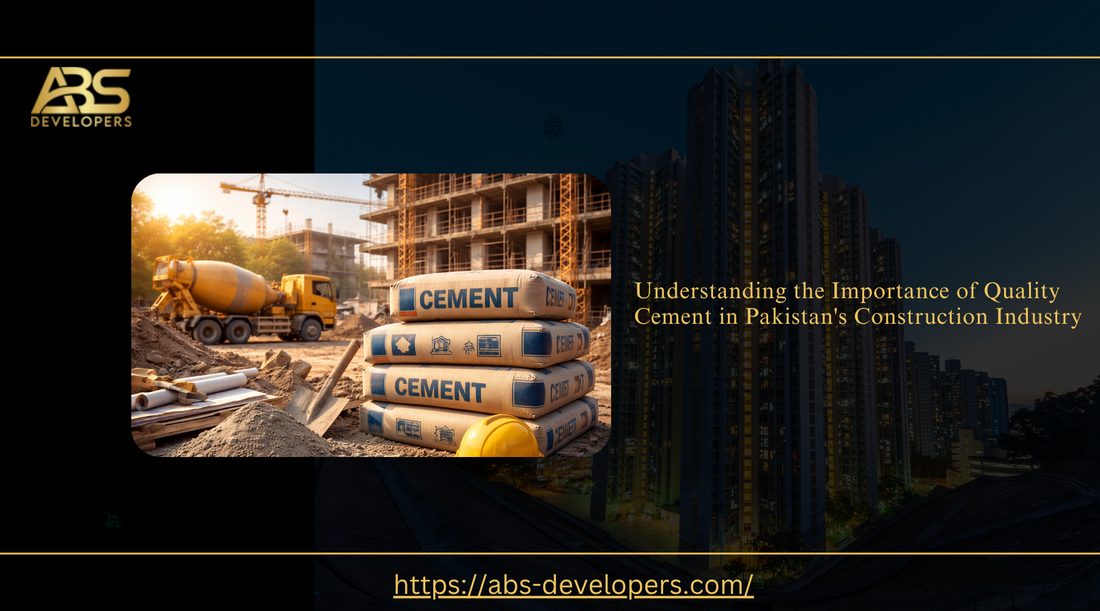 Quality cement bags at a Pakistan construction site with a mixer truck and skyscraper.