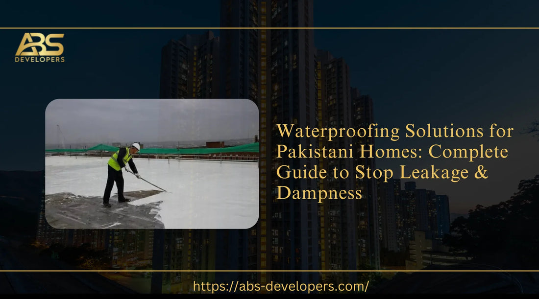 Modern Pakistani home protected with waterproof roofing and exterior coating during rainfall, featuring waterproofing materials, roller, membrane, and sealed surfaces to represent home leak and dampness protection.