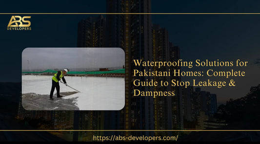 Modern Pakistani home protected with waterproof roofing and exterior coating during rainfall, featuring waterproofing materials, roller, membrane, and sealed surfaces to represent home leak and dampness protection.