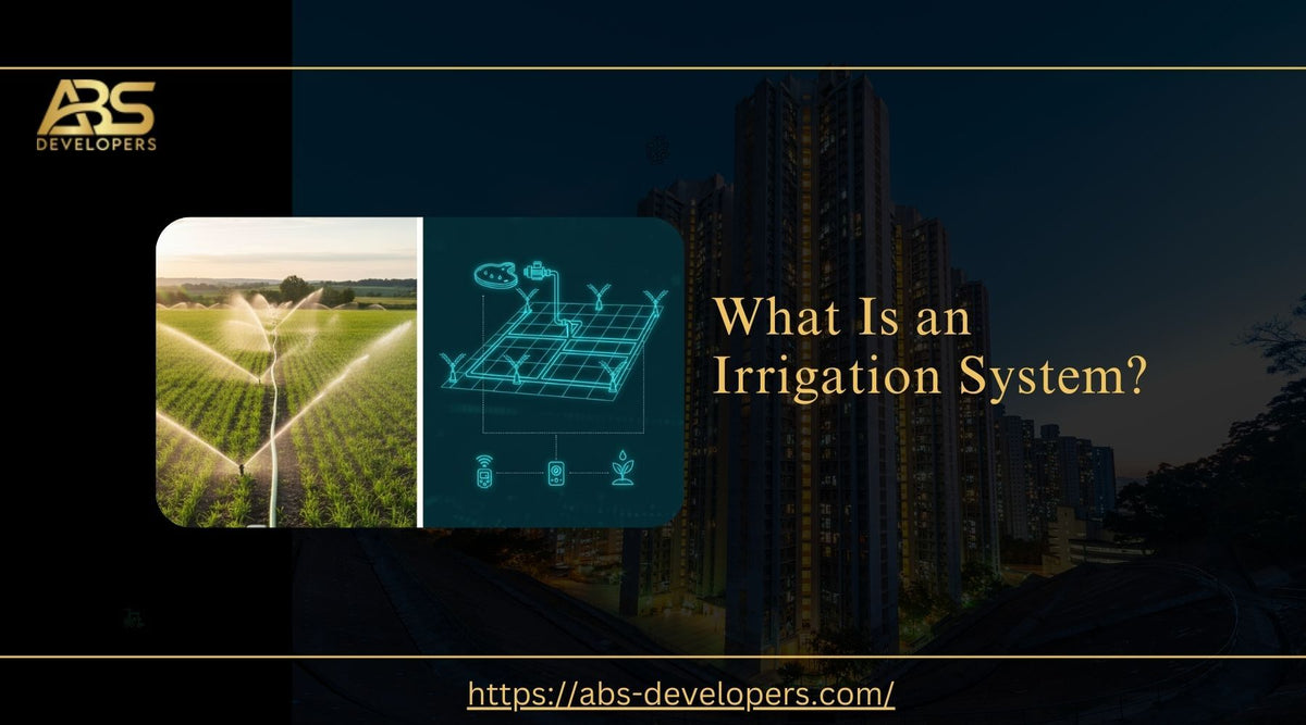 Smart irrigation system watering crops, paired with a digital farm technology interface.