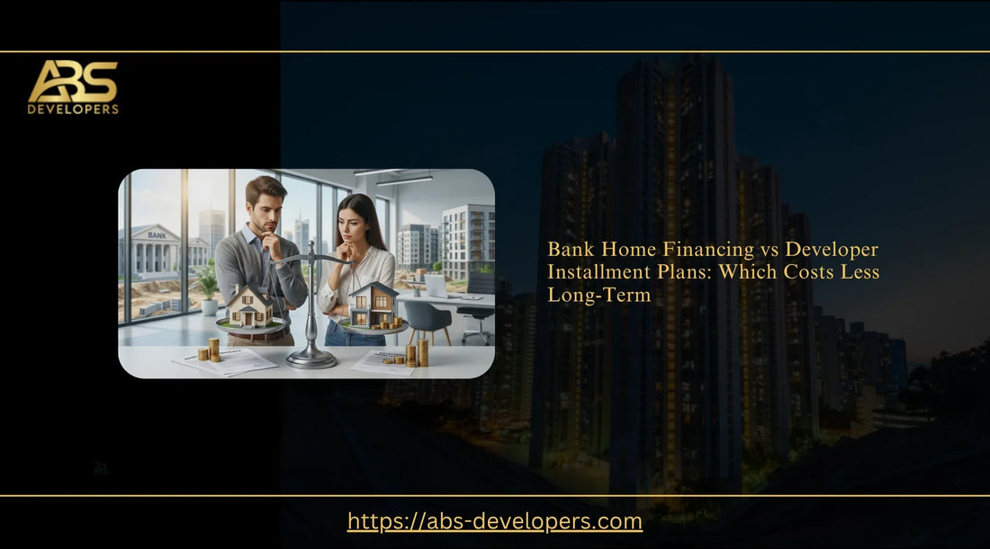 A man and woman comparing bank home financing against developer installment plans using a balance scale with miniature house models.