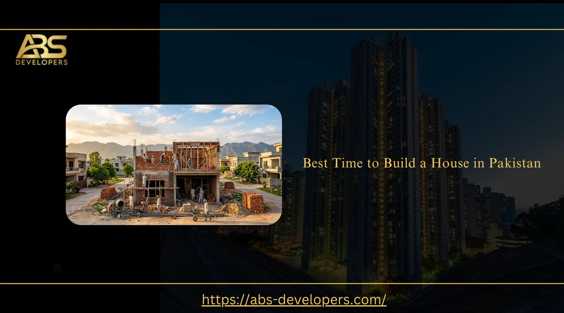 Construction site showing workers building a brick house in Pakistan under optimal weather conditions by ABS Developers.