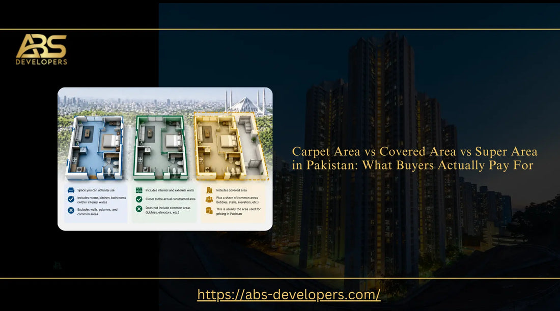 3D apartment floor plan comparison showing carpet area, covered area, and super area differences for property buyers in Pakistan