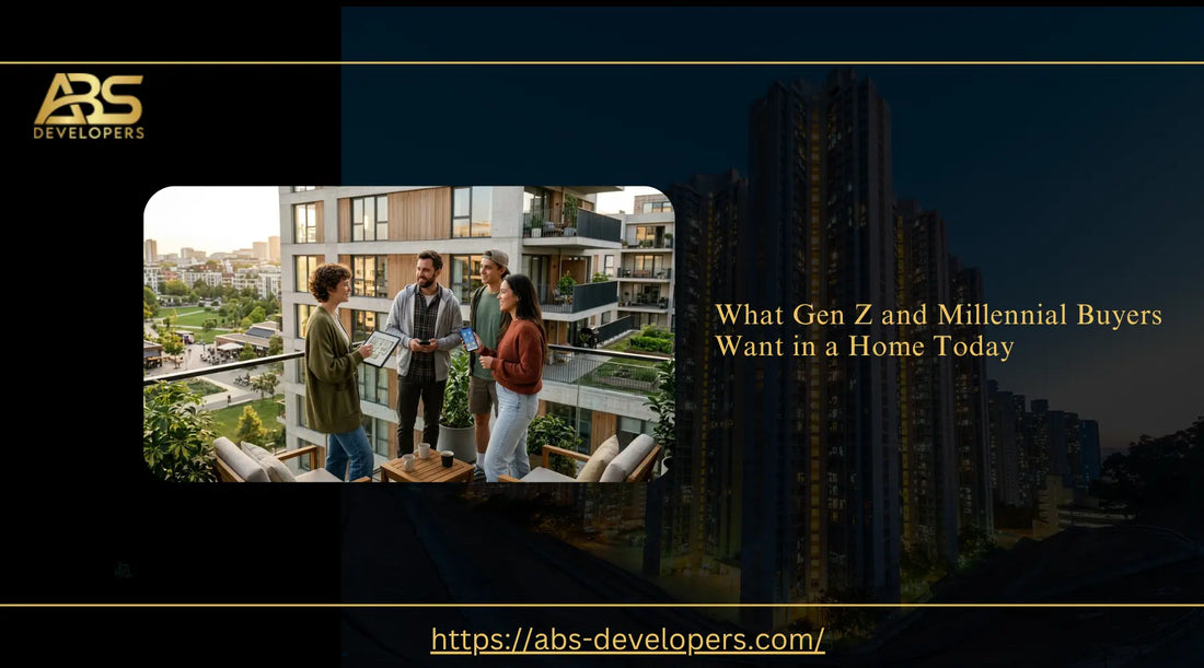 Young Gen Z and Millennial home buyers using smart tech devices on a modern apartment balcony with community garden views.