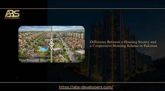 Aerial rendering comparing a private housing society and cooperative housing scheme in Pakistan