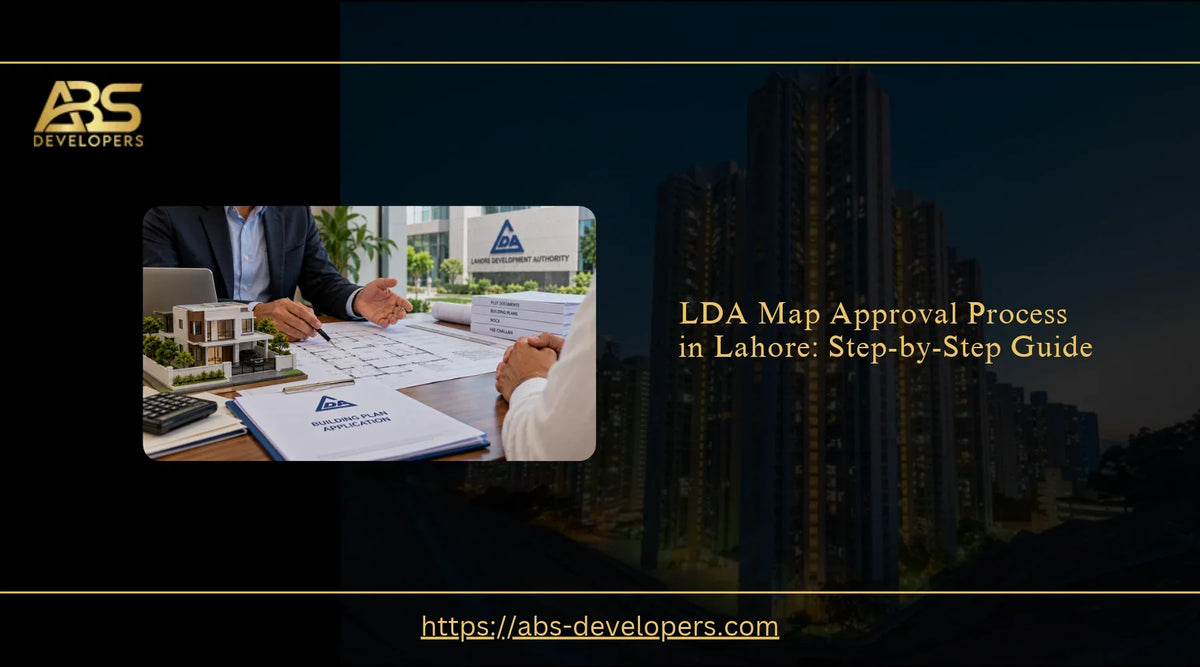 Architect reviewing residential building plans and plot documents for LDA map approval in Lahore, Pakistan.