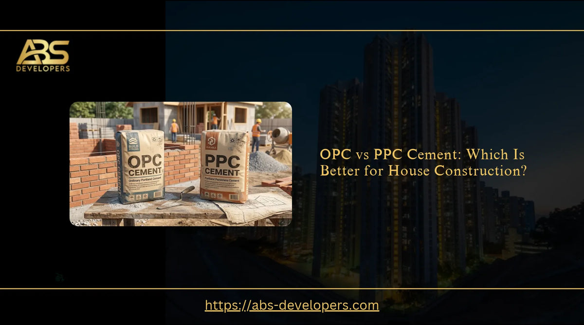 OPC vs PPC cement comparison showing cement bags and concrete construction materials used for building a house.