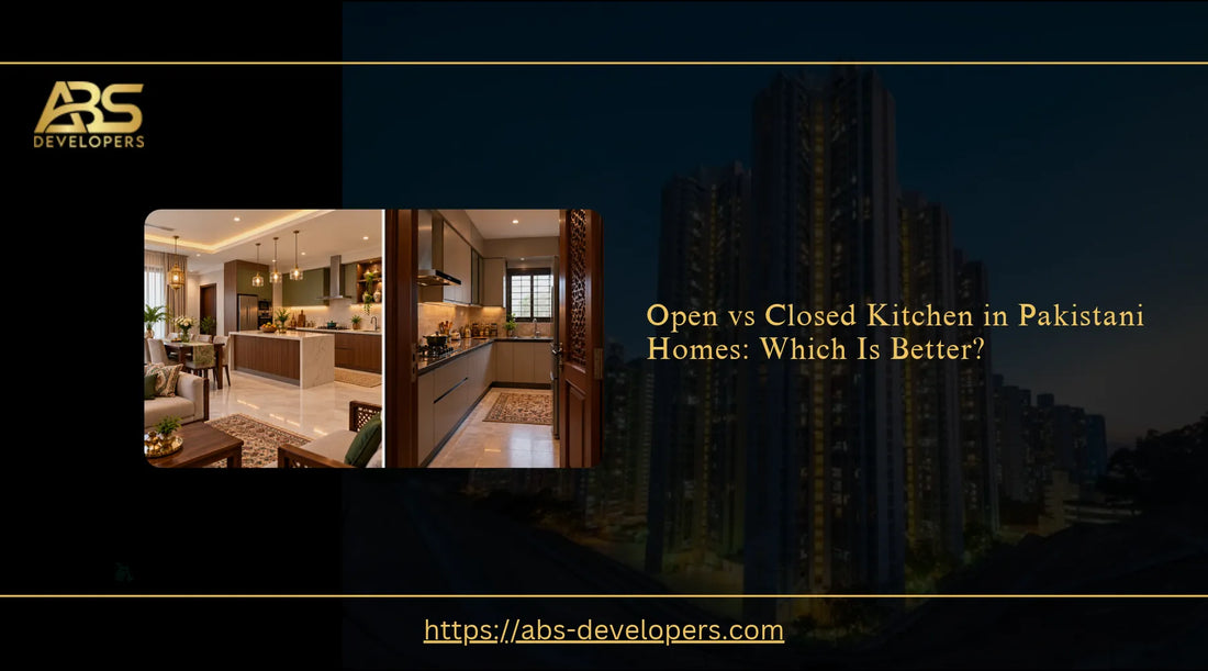 Side-by-side comparison of an open kitchen connected to a living and dining area and a separate closed kitchen with a door in a Pakistani home.