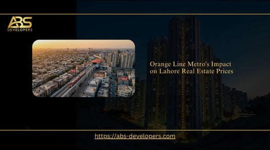 Aerial view of the Lahore Orange Line Metro track and station passing through residential and commercial developments, featured alongside text about its impact on property prices.