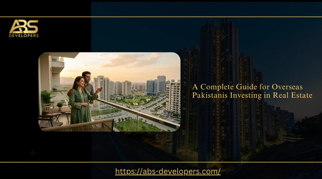 Pakistani couple standing on an apartment balcony looking at modern city buildings, representing real estate investment in Pakistan for overseas buyers.