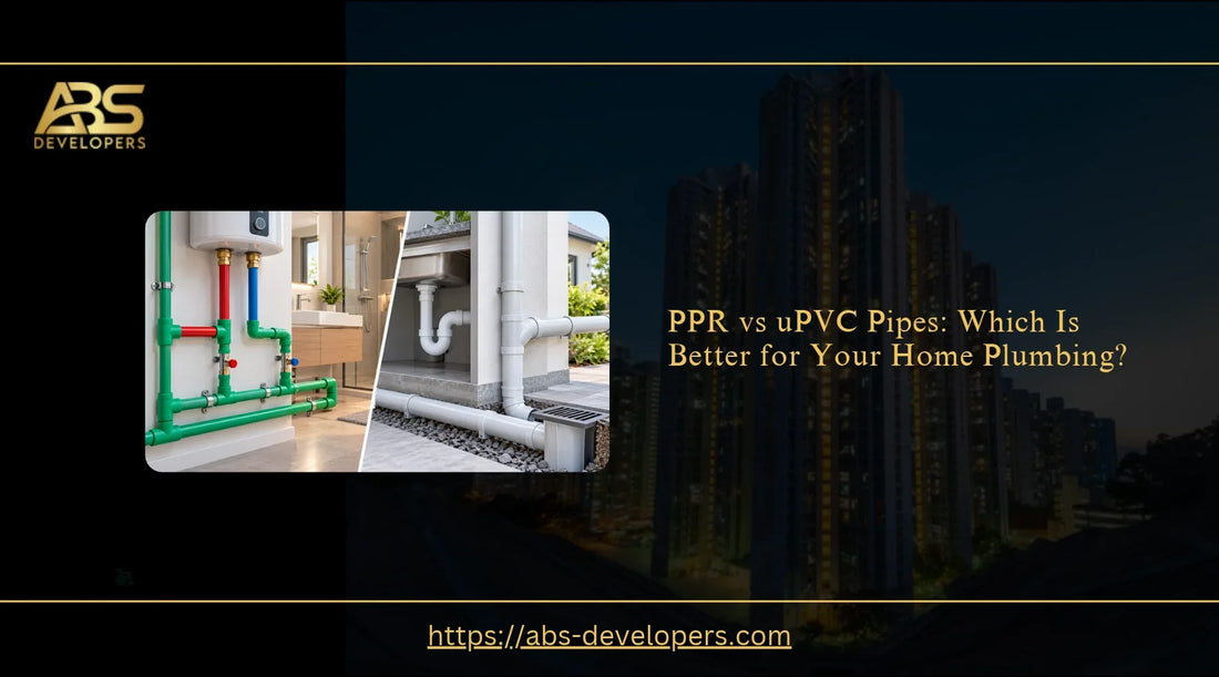 PPR and uPVC plumbing pipes displayed side by side for comparison of hot-water supply, cold-water plumbing, and drainage applications.