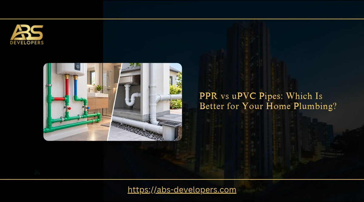 PPR and uPVC plumbing pipes displayed side by side for comparison of hot-water supply, cold-water plumbing, and drainage applications.