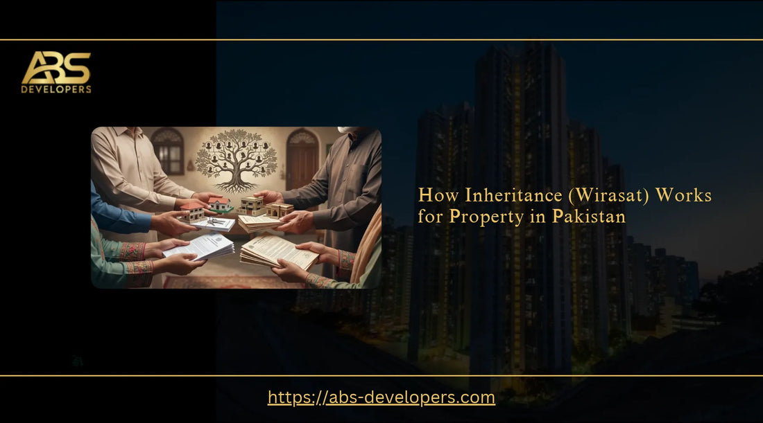 Illustration of property inheritance (Wirasat) in Pakistan, showing a house, ownership documents, and the legal transfer process for heirs.