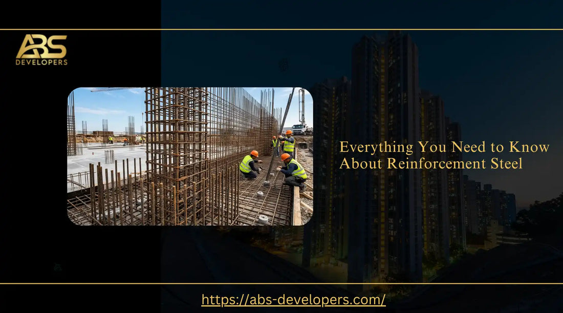 Construction workers installing TMT reinforcement steel rebars for a building foundation framework by ABS Developers in Pakistan.