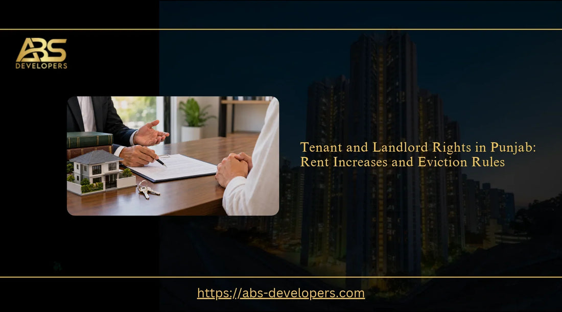 Landlord and tenant reviewing a rental agreement at an office desk with a house model and keys, illustrating tenancy rights in Punjab, Pakistan.