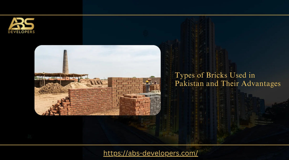 A traditional brick kiln in Pakistan featuring stacked red clay bricks and fly ash concrete blocks being organized by workers at a construction site.